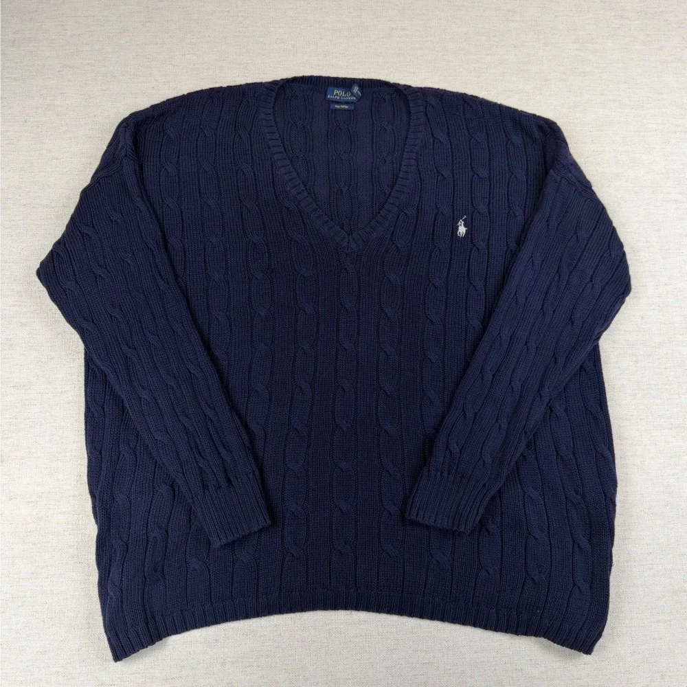 Polo Ralph Lauren Mens XL Navy Blue Pima Cotton Cable Knit V-Neck Sweater